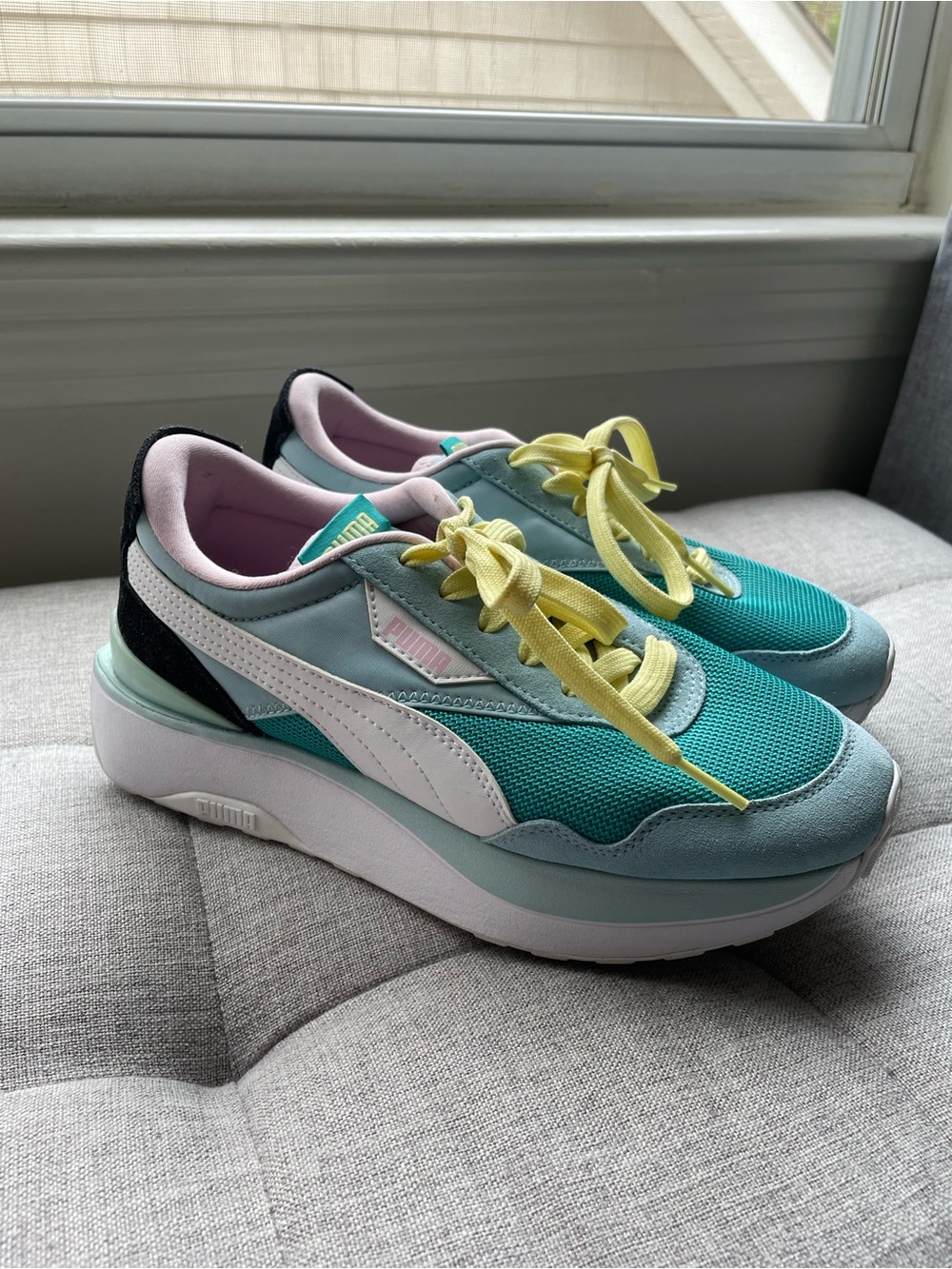 Puma Women’s Teal, Mint & White Sneakers with Yellow Laces